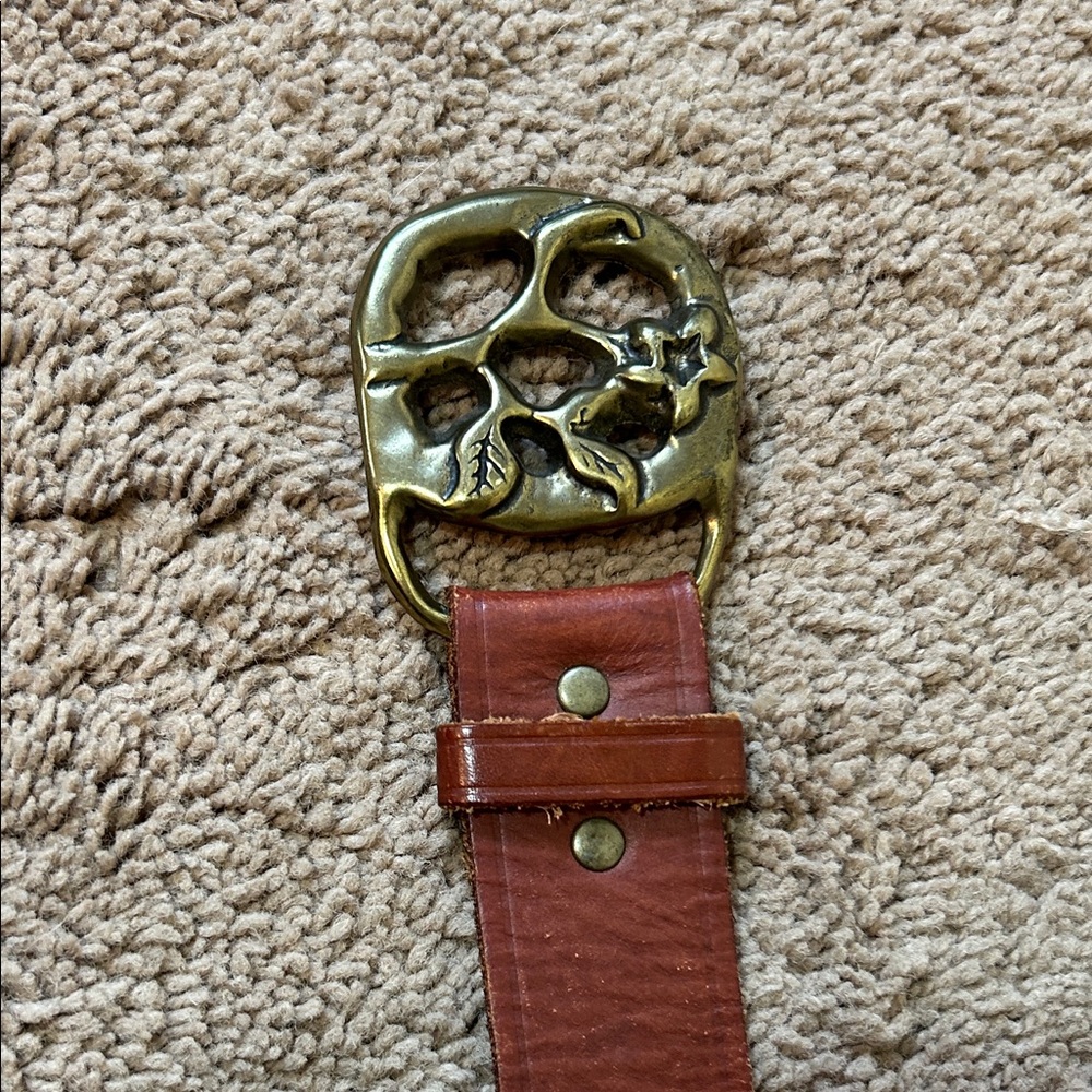 Linea Pelle Brown Leather Belt with Artistic Brass Buckle